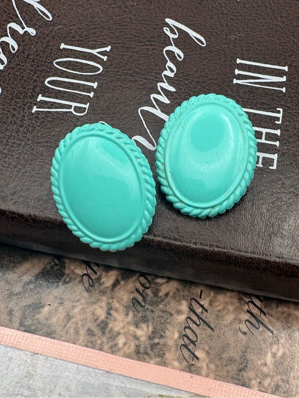 Vintage Turquoise Oval Statement Earrings Retro Mod Rope Edge Studs